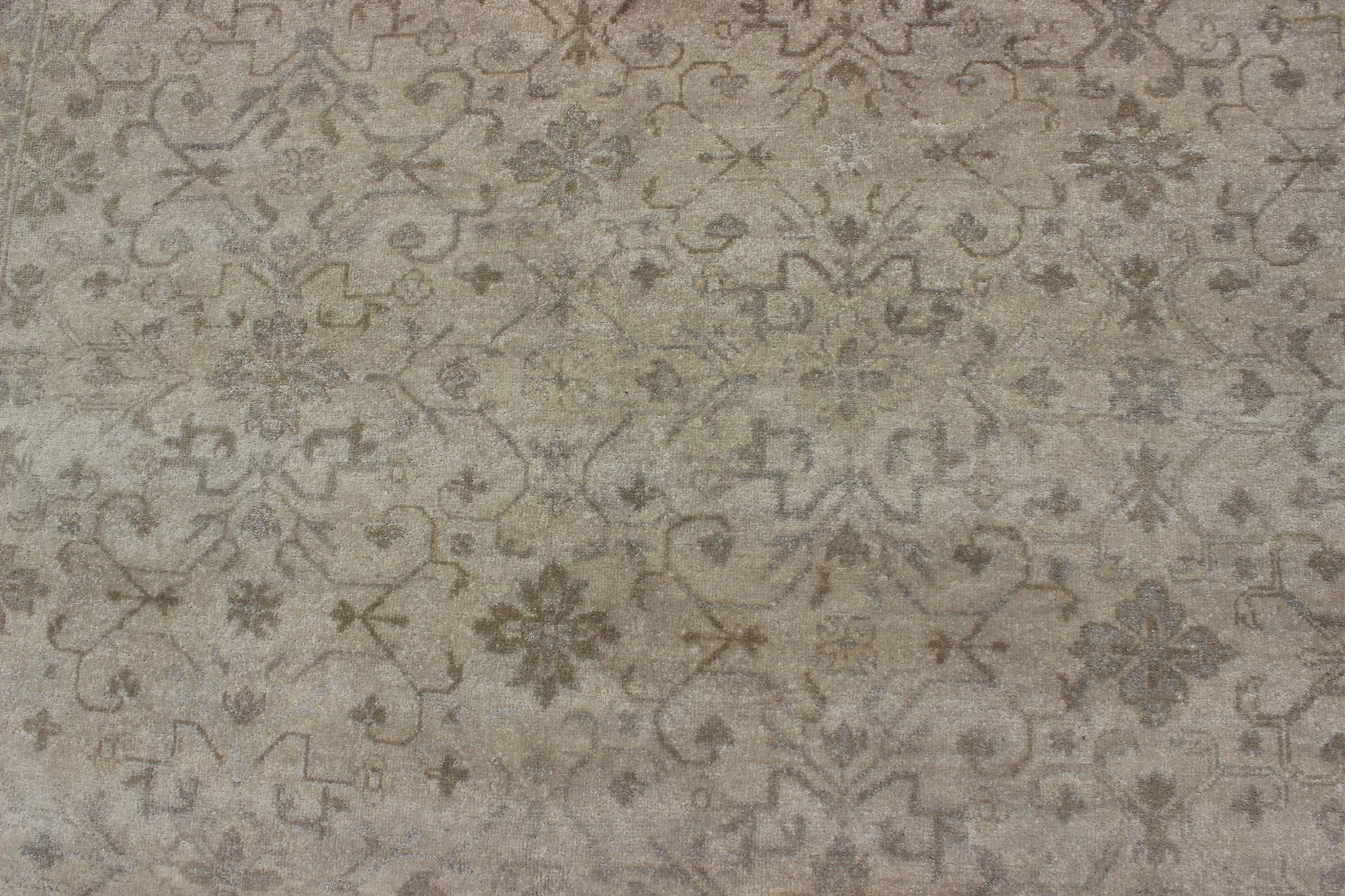 Wool Modern Hand-Knotted Khotan Rug with Geometric Pattern in Taupe and Gray Tones For Sale
