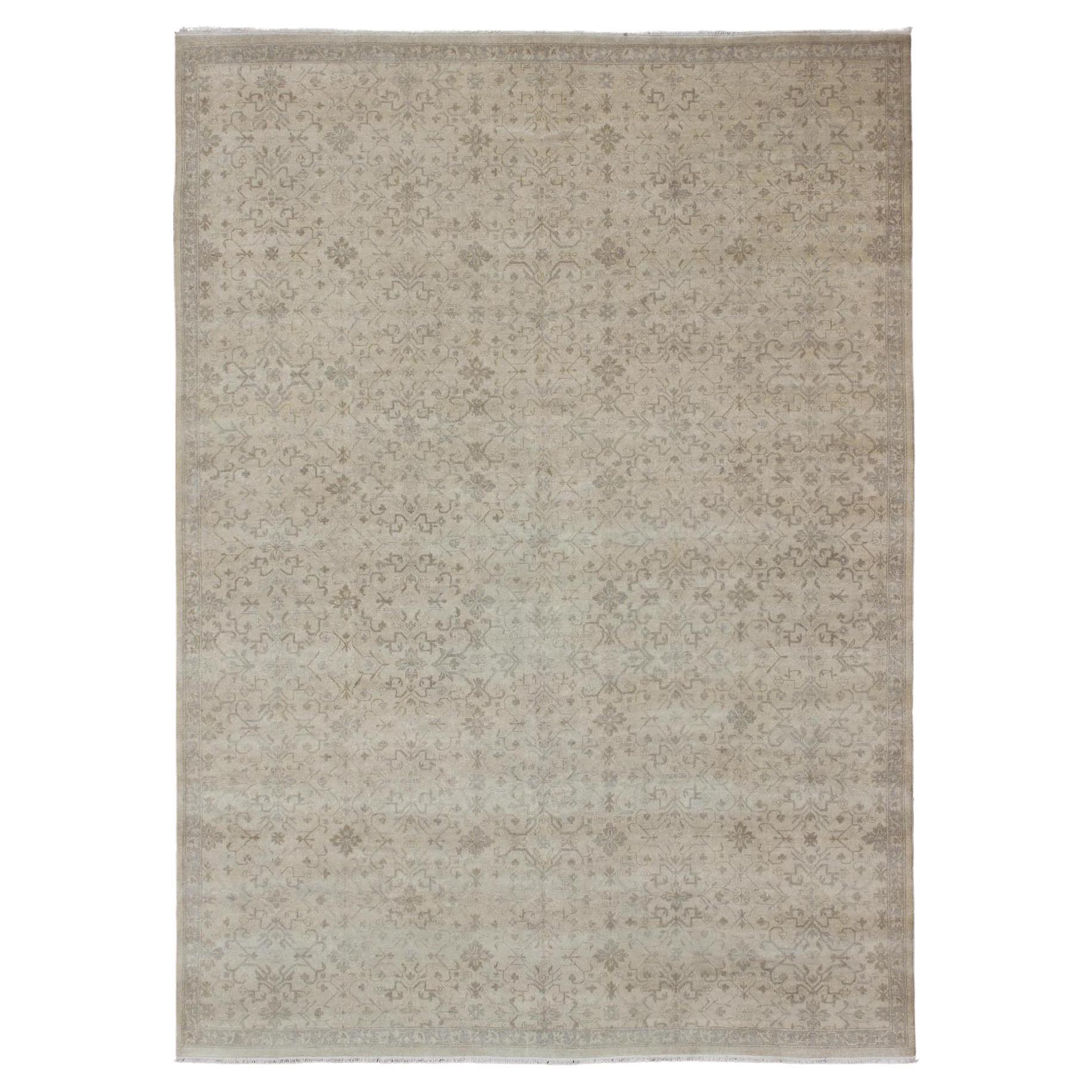 Modern Hand-Knotted Khotan Rug with Geometric Pattern in Taupe and Gray Tones