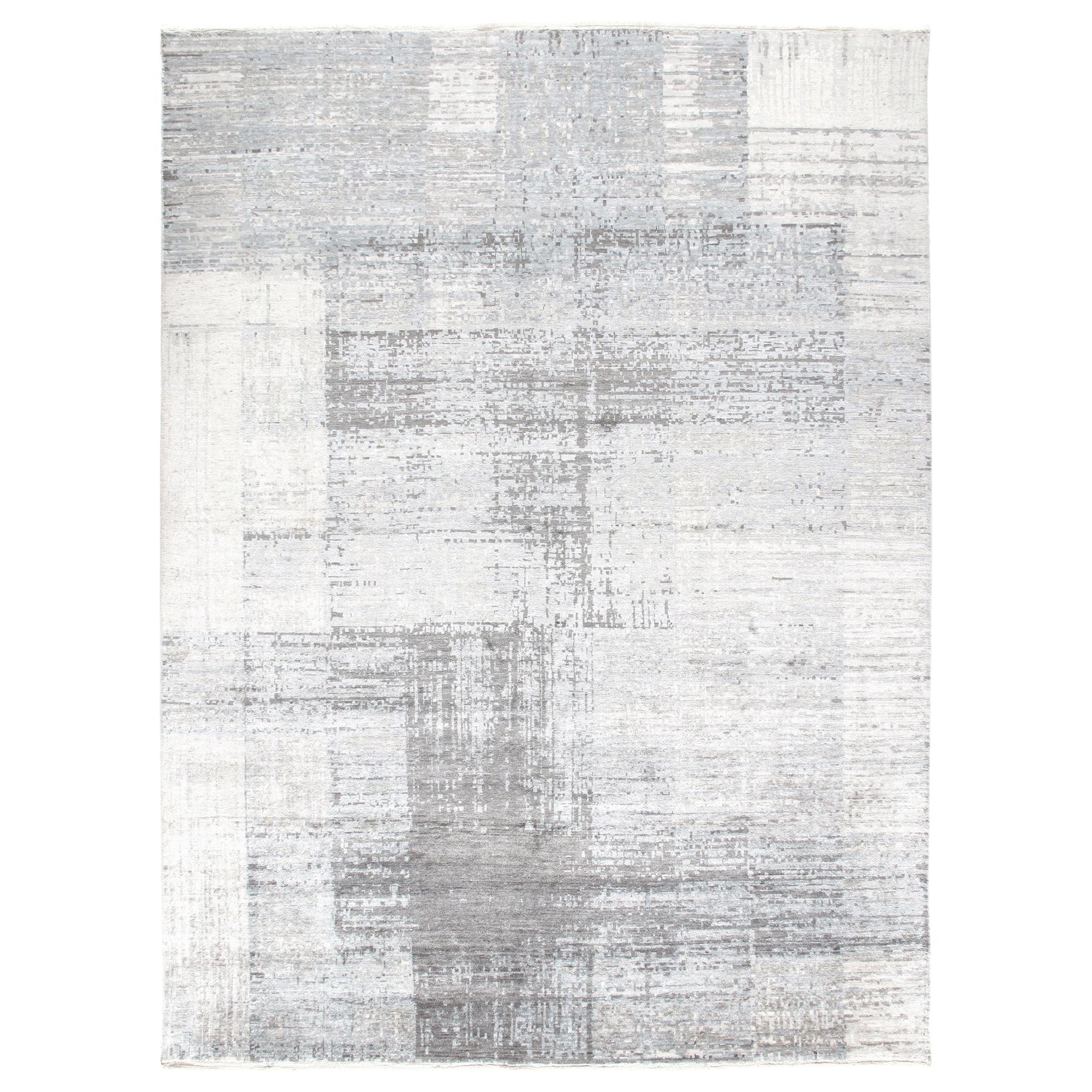 Modern Minimalist Handknotted Rug in Silver and Ivory Color For Sale