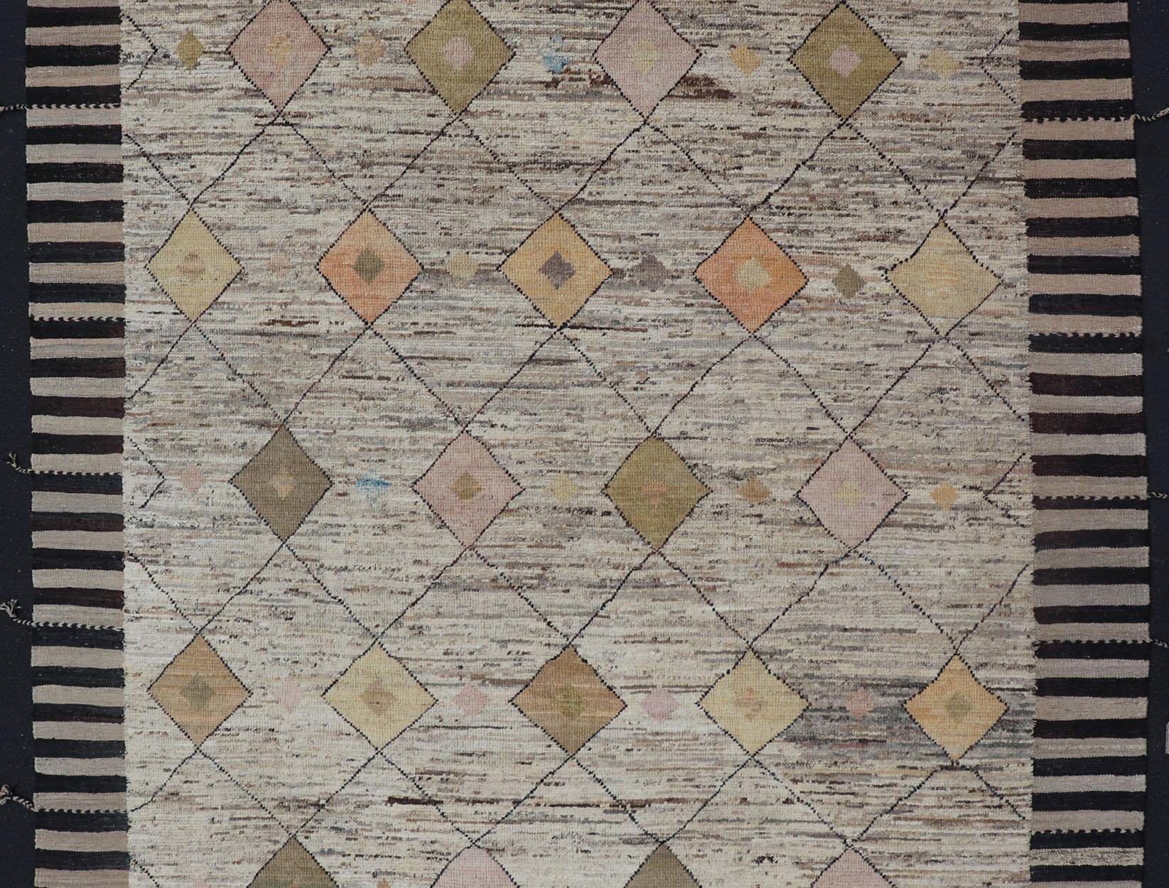 Afghan Modern Hand Knotted Moroccan Diamond Pattern in with Tribal Motifs For Sale