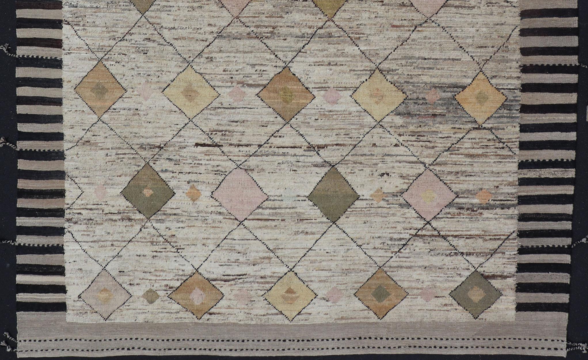 Hand-Knotted Modern Hand Knotted Moroccan Diamond Pattern in with Tribal Motifs For Sale