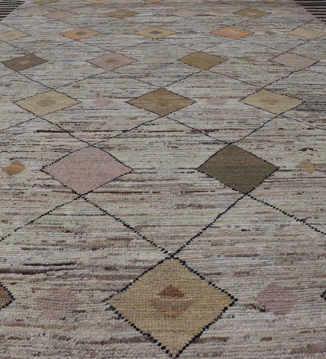 Wool Modern Hand Knotted Moroccan Diamond Pattern in with Tribal Motifs For Sale