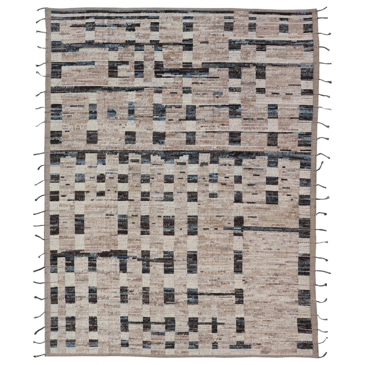 Modern Hand-Knotted Moroccan Rug in Wool with Sub-Geometric Design For Sale