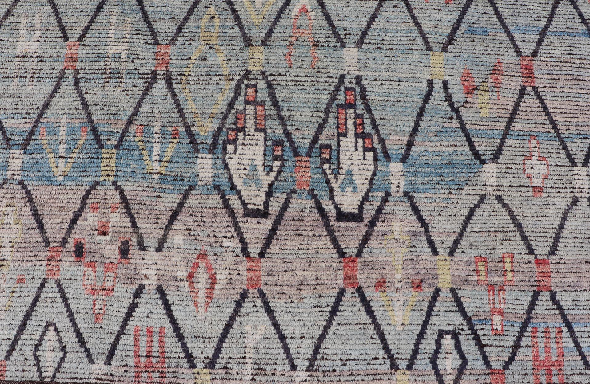 Modern Hand-Knotted Moroccan Rug with All-Over Geometric Design in Wool in Blue  In New Condition For Sale In Atlanta, GA
