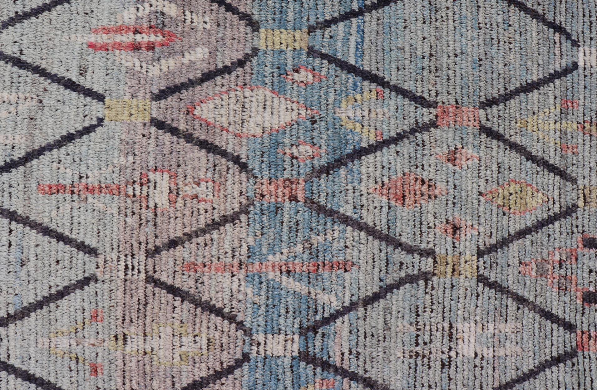 Contemporary Modern Hand-Knotted Moroccan Rug with All-Over Geometric Design in Wool in Blue  For Sale