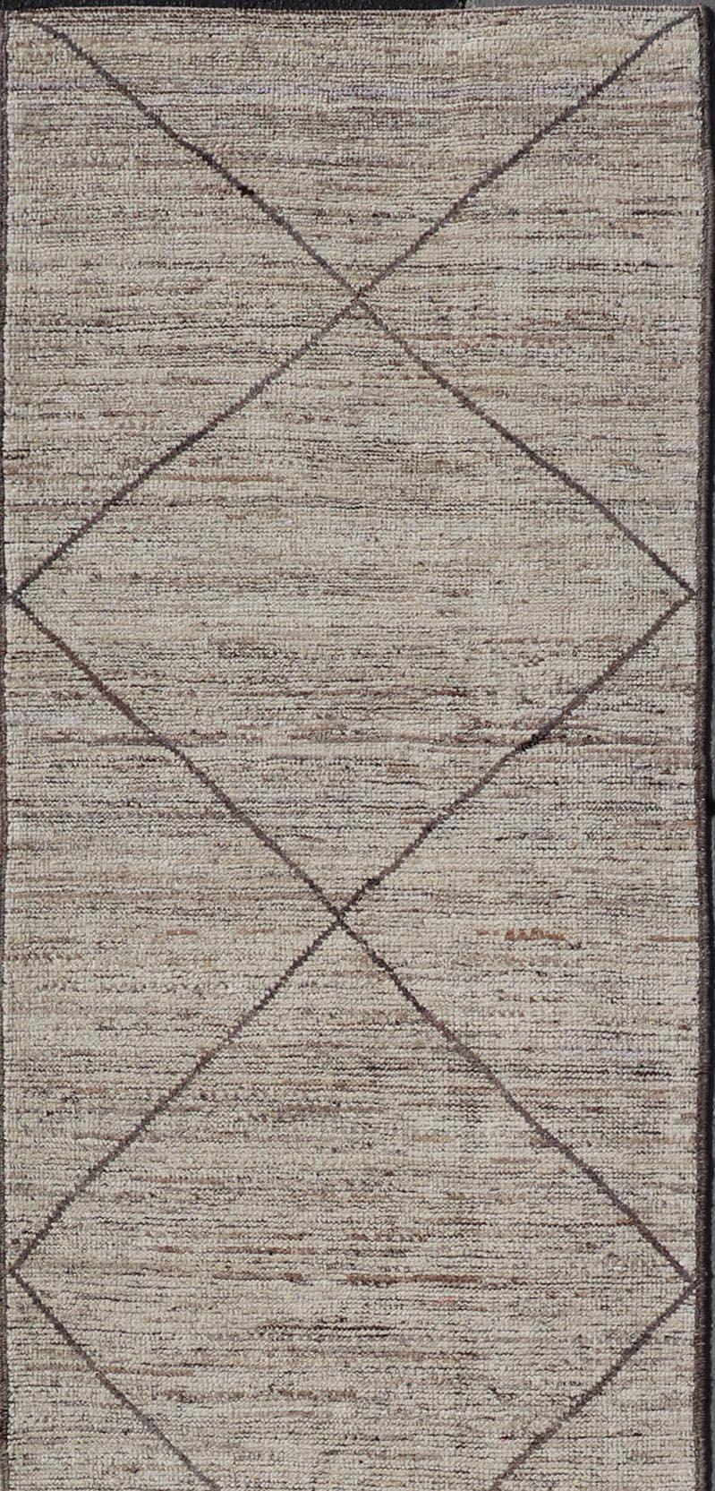 Contemporary Modern Hand-Knotted Moroccan Runner in Wool with Diamond Design in Earthy Tones