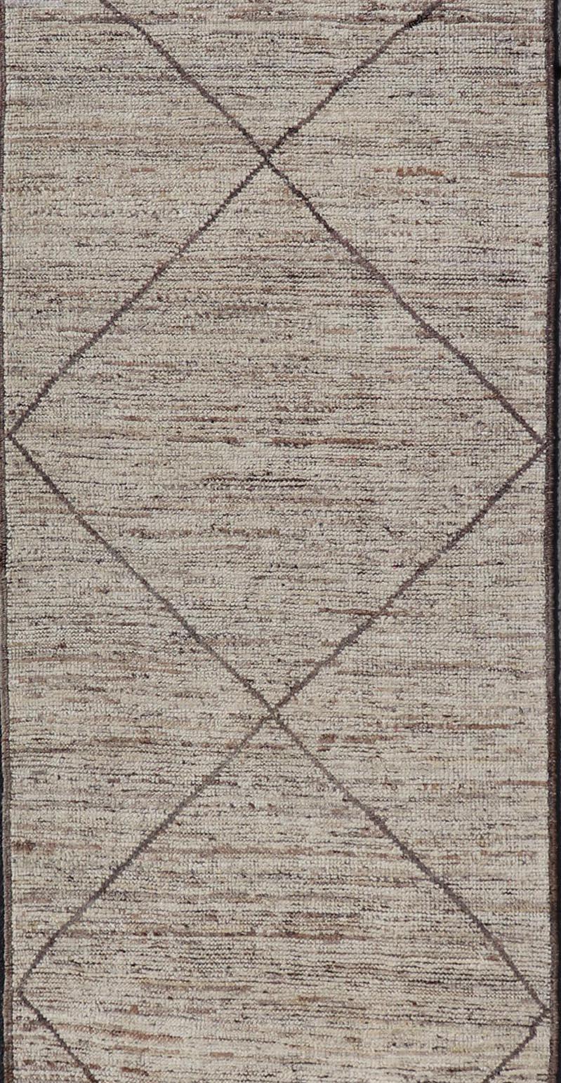 Modern Hand-Knotted Moroccan Runner in Wool with Diamond Design in Earthy Tones 1