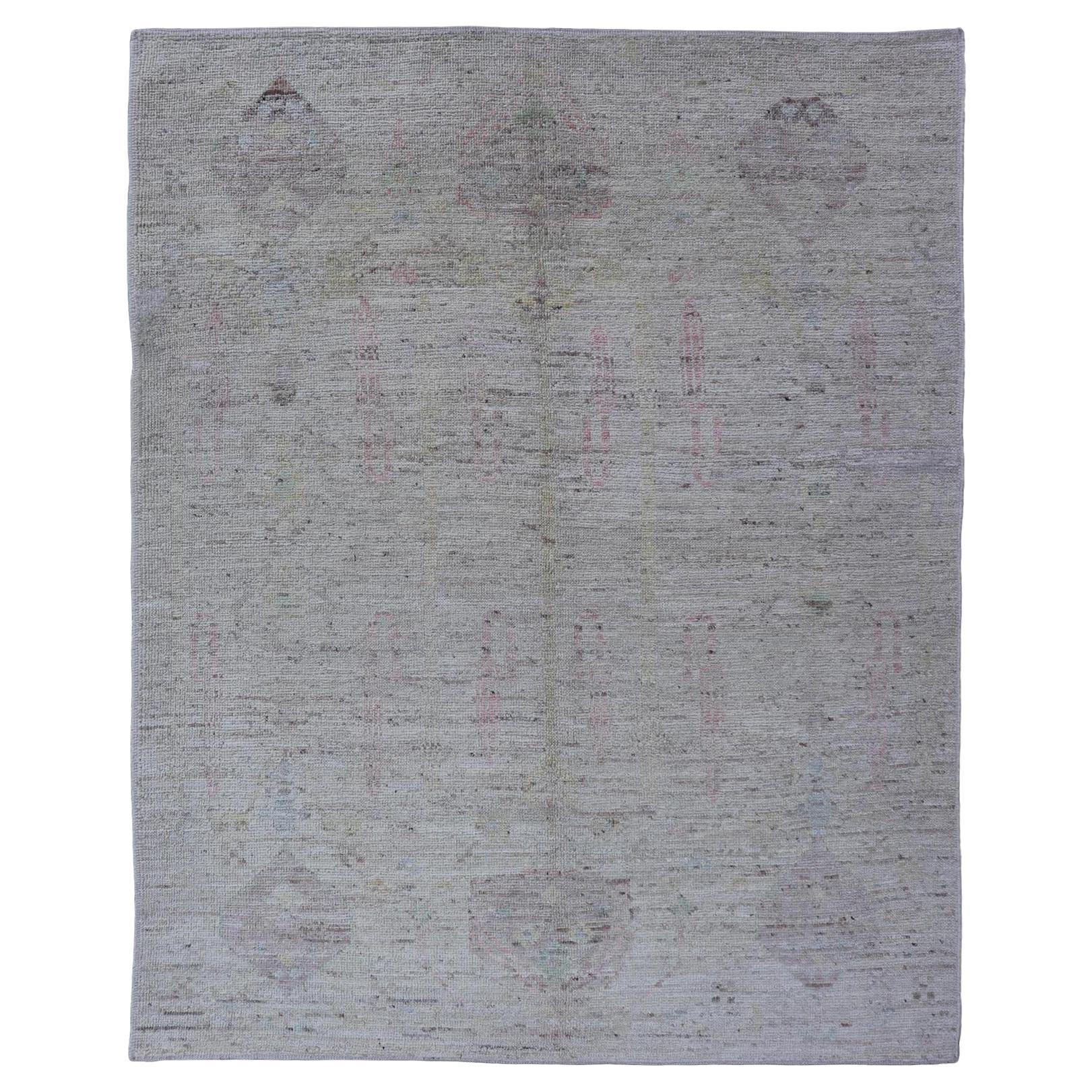 Modern Hand-Knotted Muted Tribal Rug in Wool with Sub-Geometric Design