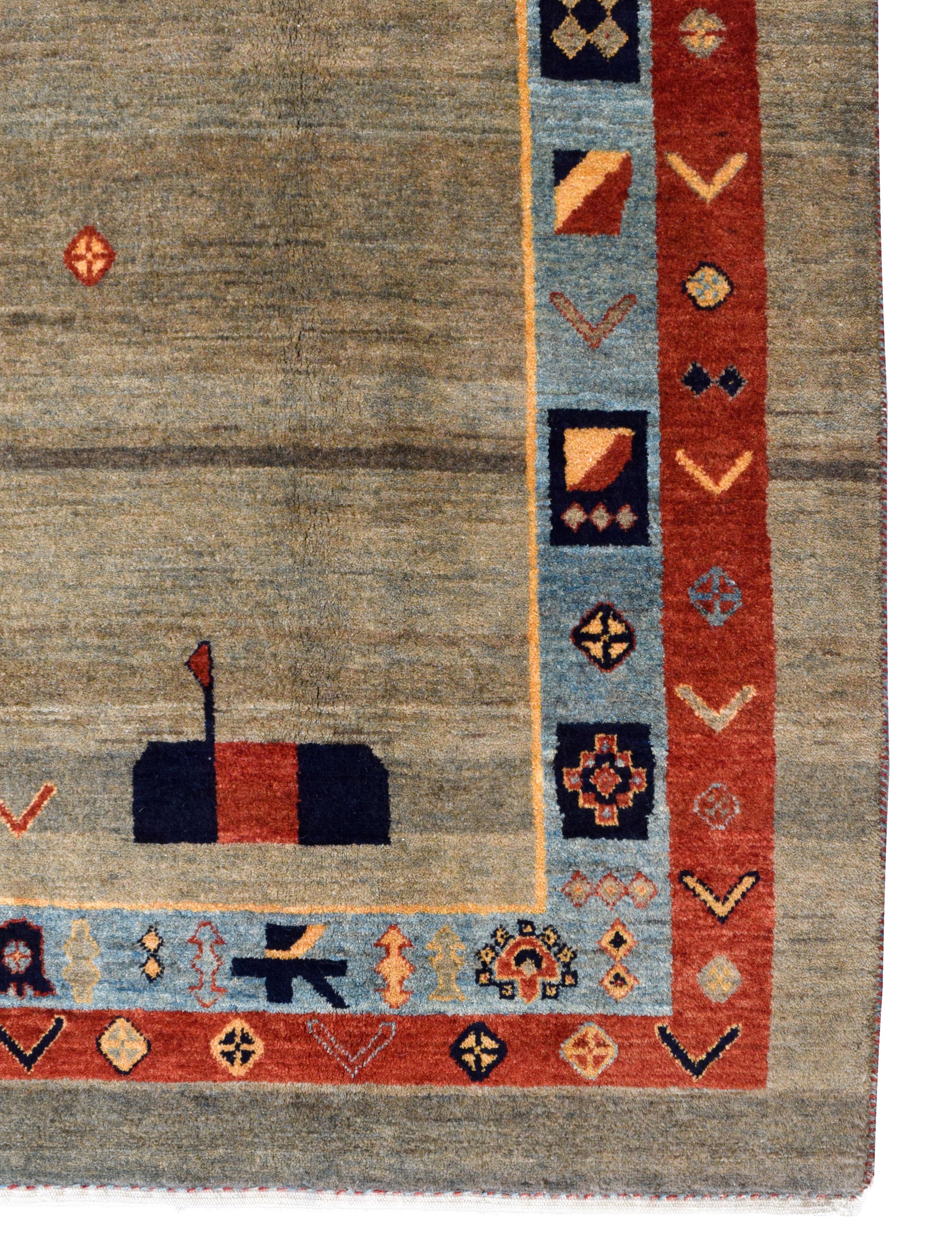 Alfombra Tribal Orley Shabahang Gabbeh, Lana Topo, Azul, Rojo, 11' x 12' Siglo XXI y contemporáneo en venta