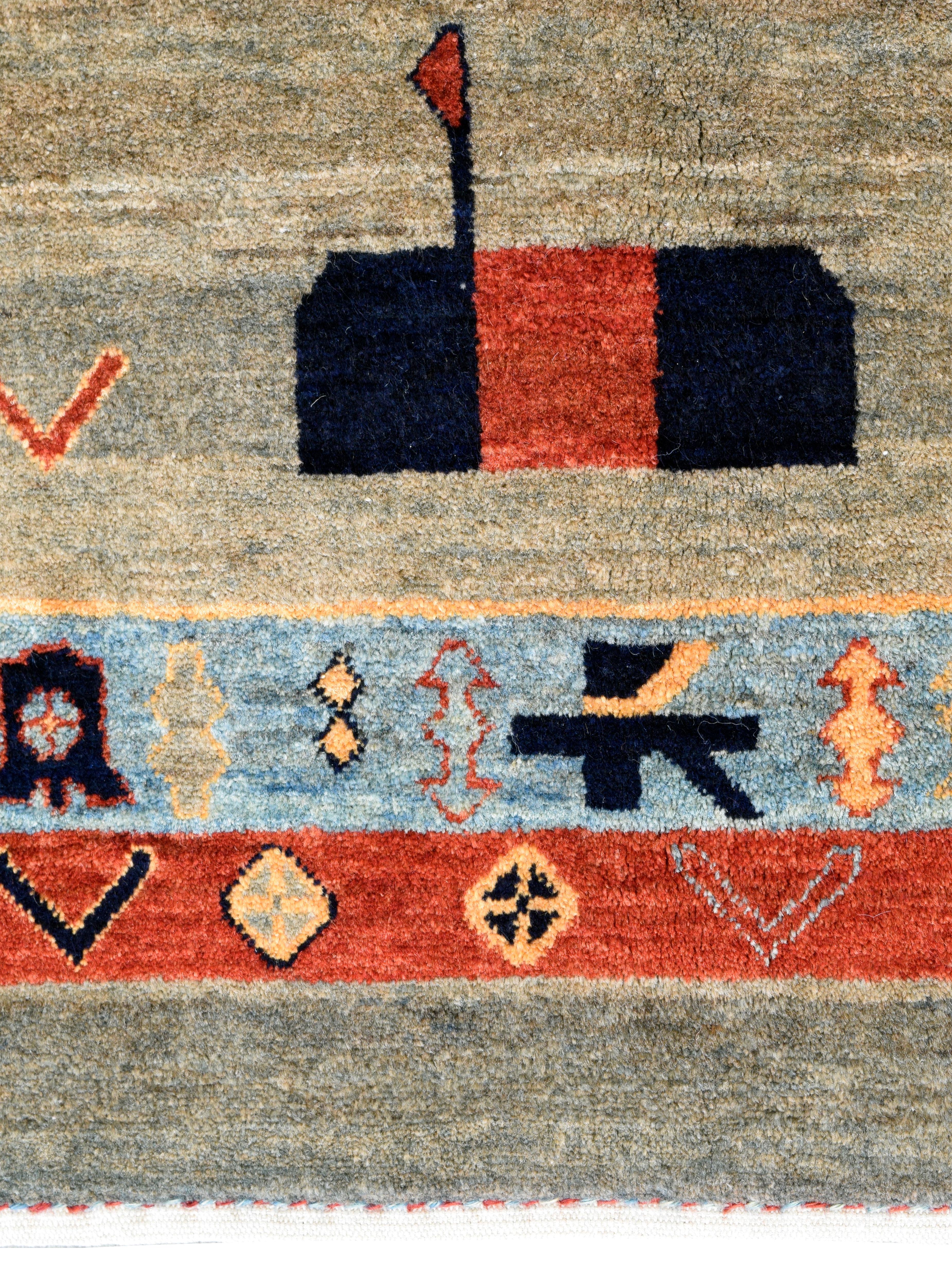 Moderner handgeknüpfter Orley Shabahang Gabbeh Teppich, Taupe, Blau, Rote Wolle, 11' x 12' (21. Jahrhundert und zeitgenössisch) im Angebot