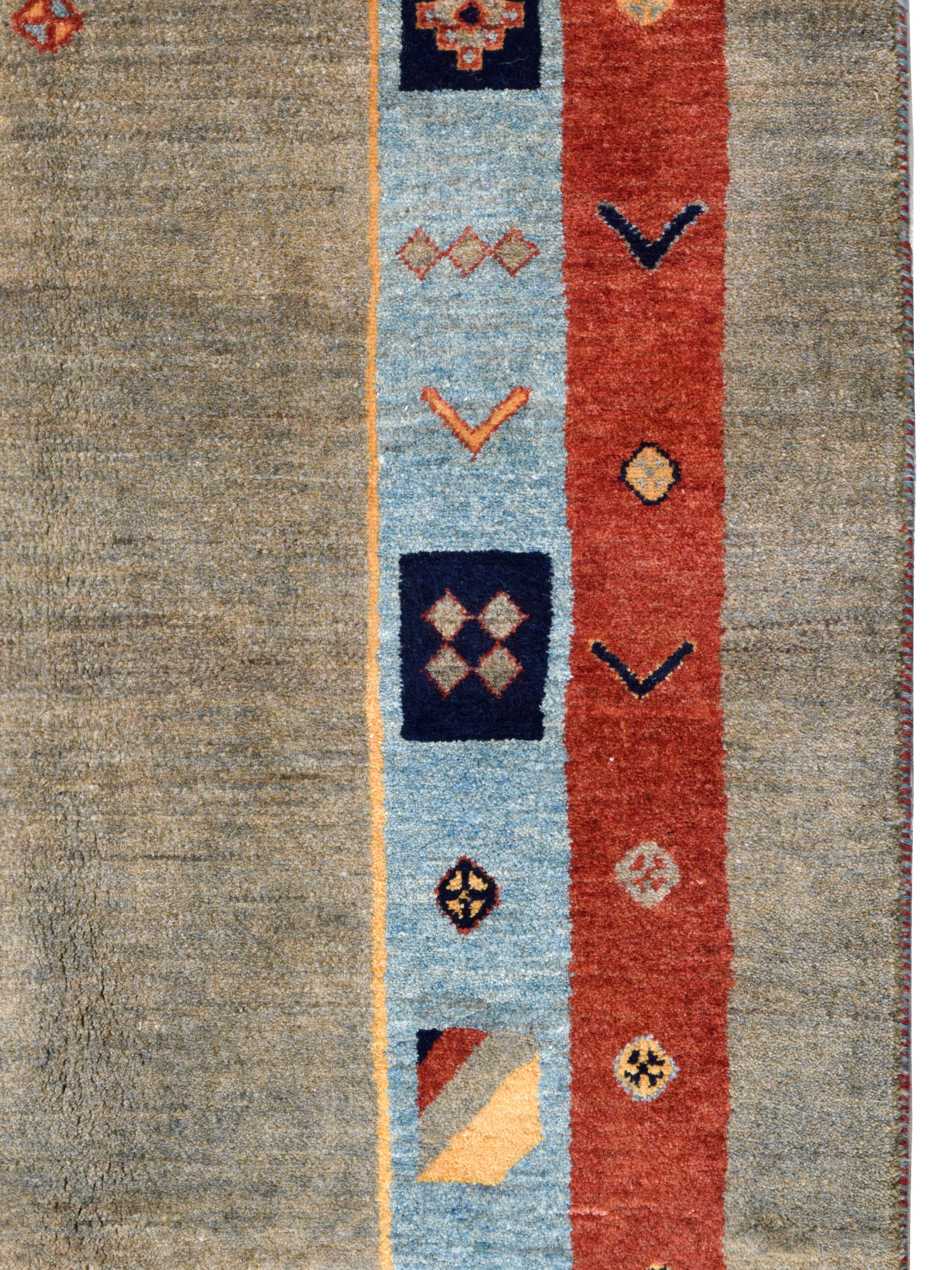 Modern Hand Knotted Orley Shabahang Gabbeh Rug, Taupe, Blue, Red Wool, 11' x 12' For Sale 2