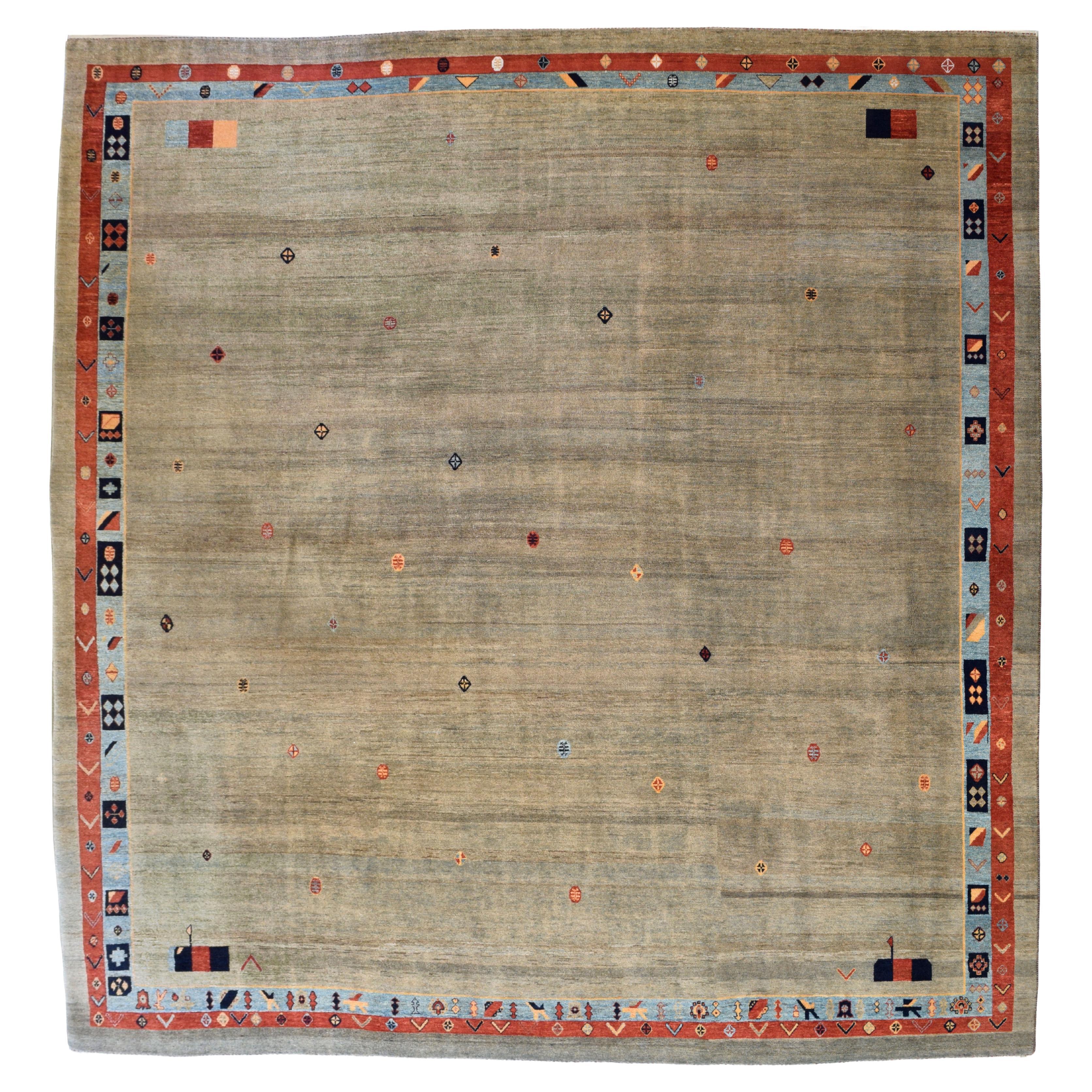 Modern Hand Knotted Orley Shabahang Gabbeh Rug, Taupe, Blue, Red Wool, 11' x 12' For Sale