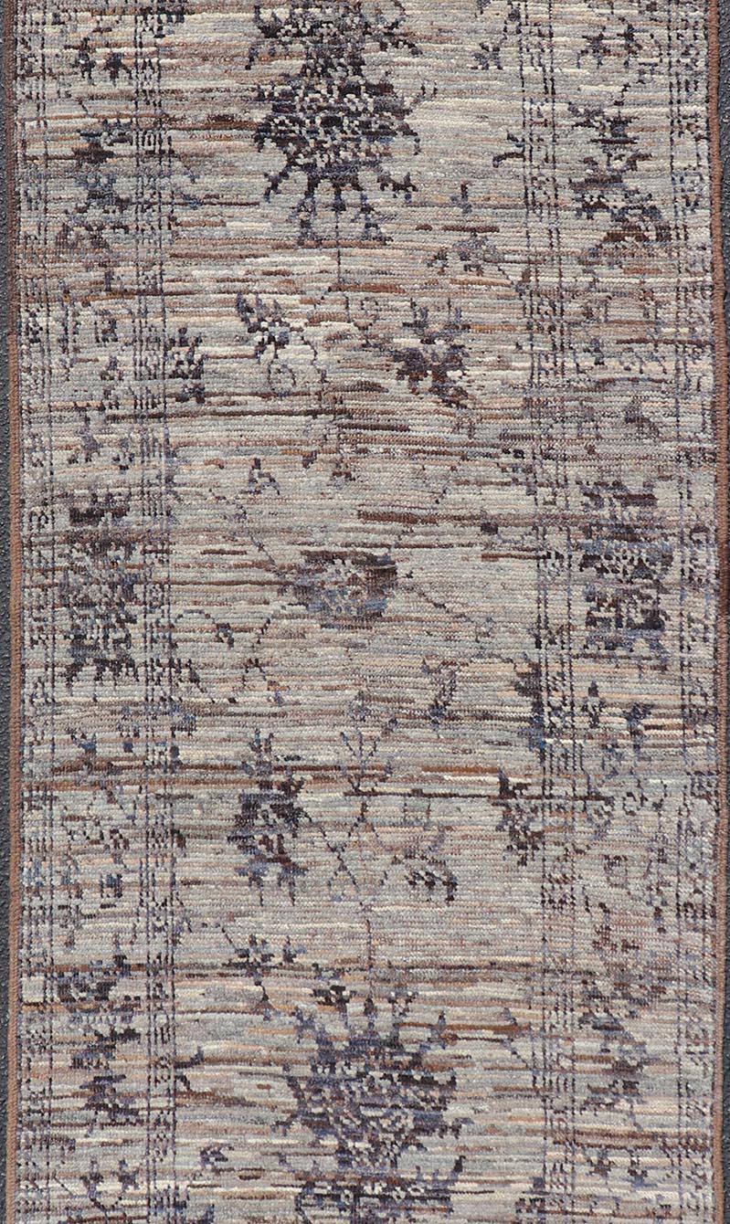 Contemporary Modern Hand-Knotted Oushak Designed Runner in Wool with Sub-Geometric Design For Sale