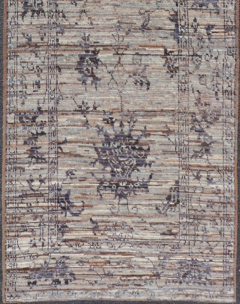 Modern Hand-Knotted Oushak Designed Runner in Wool with Sub-Geometric Design For Sale 1