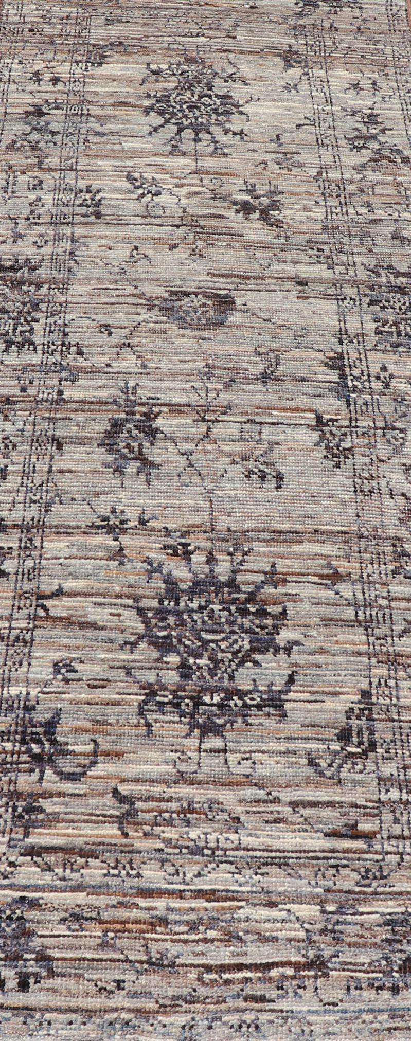 Modern Hand-Knotted Oushak Designed Runner in Wool with Sub-Geometric Design For Sale 2