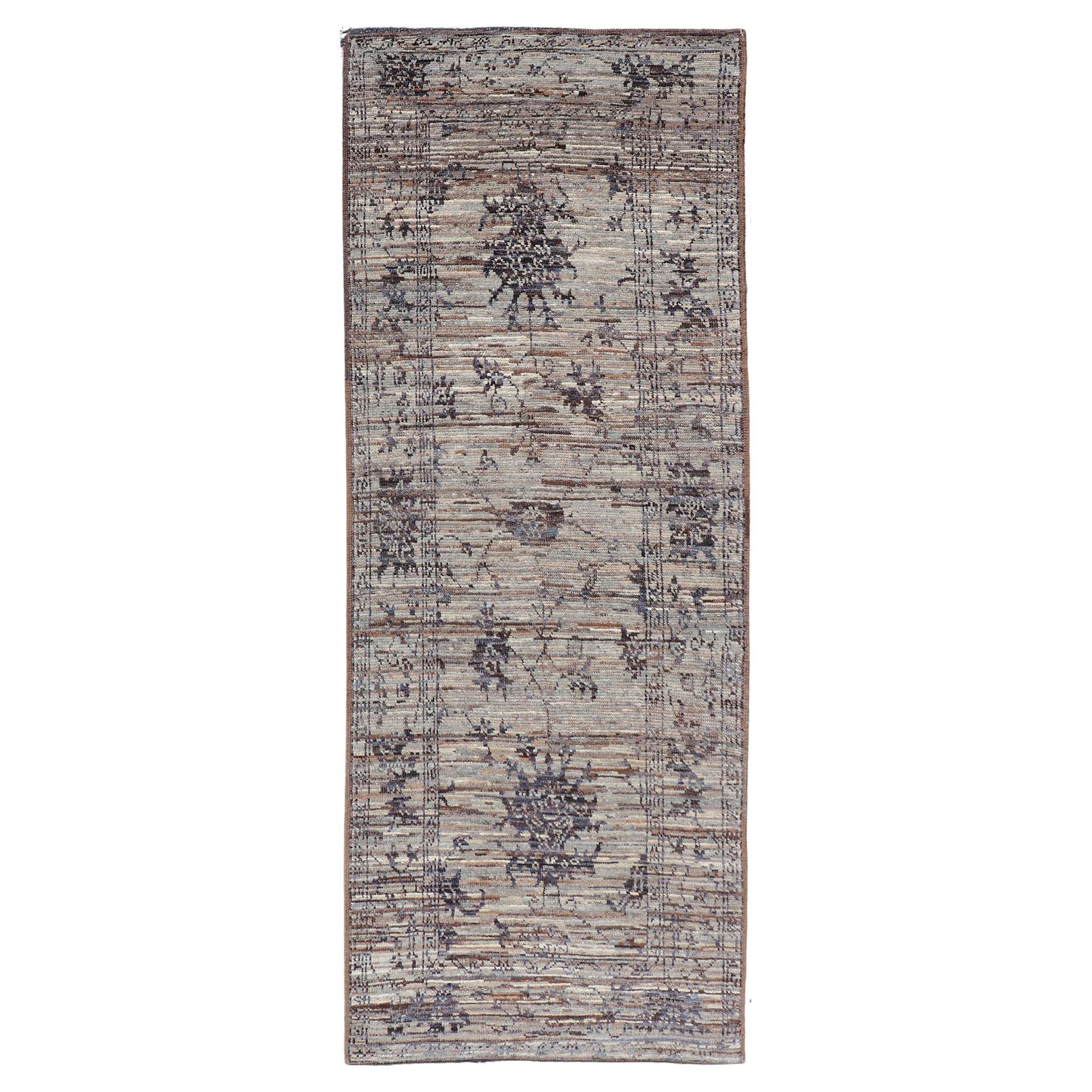 Modern Hand-Knotted Oushak Designed Runner in Wool with Sub-Geometric Design For Sale