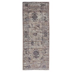 Modern Hand-Knotted Oushak Designed Runner in Wool with Sub-Geometric Design