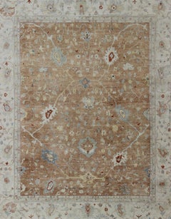 Modern Hand Knotted Oushak Muted Rug in Coral, Light Blue, and Cream