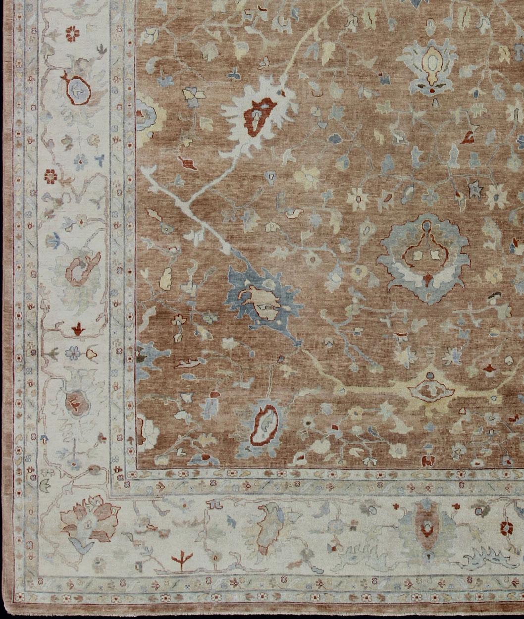 Hand-Knotted Modern Hand Knotted Oushak Muted Rug in Coral, Light Blue, and Cream For Sale