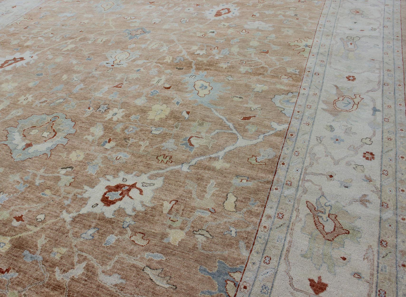 Modern Hand Knotted Oushak Muted Rug in Coral, Light Blue, and Cream In New Condition For Sale In Atlanta, GA