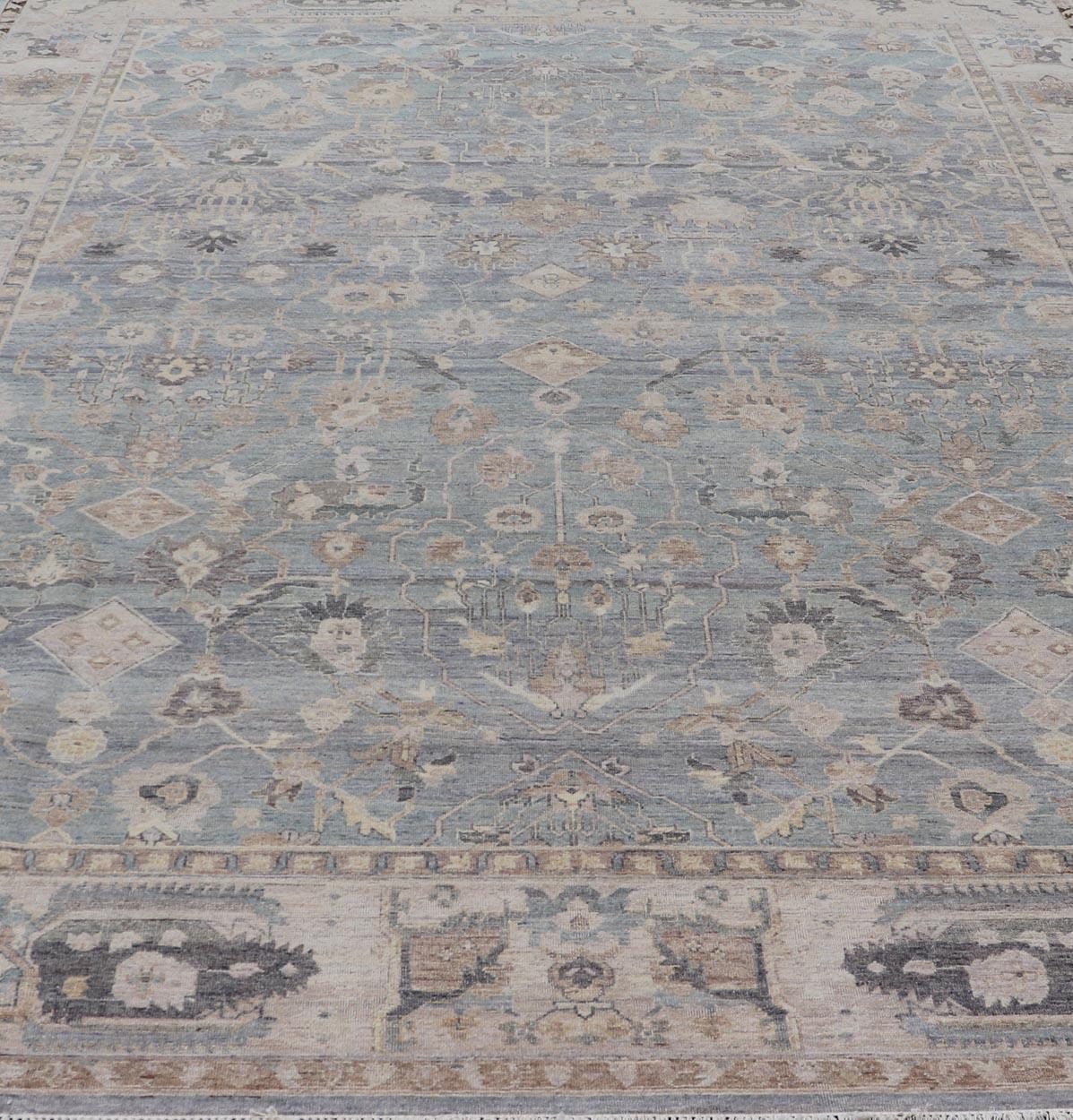 Modern Hand Knotted Oushak Muted Rug in Light Blue, Light Gray, and Cream For Sale 3