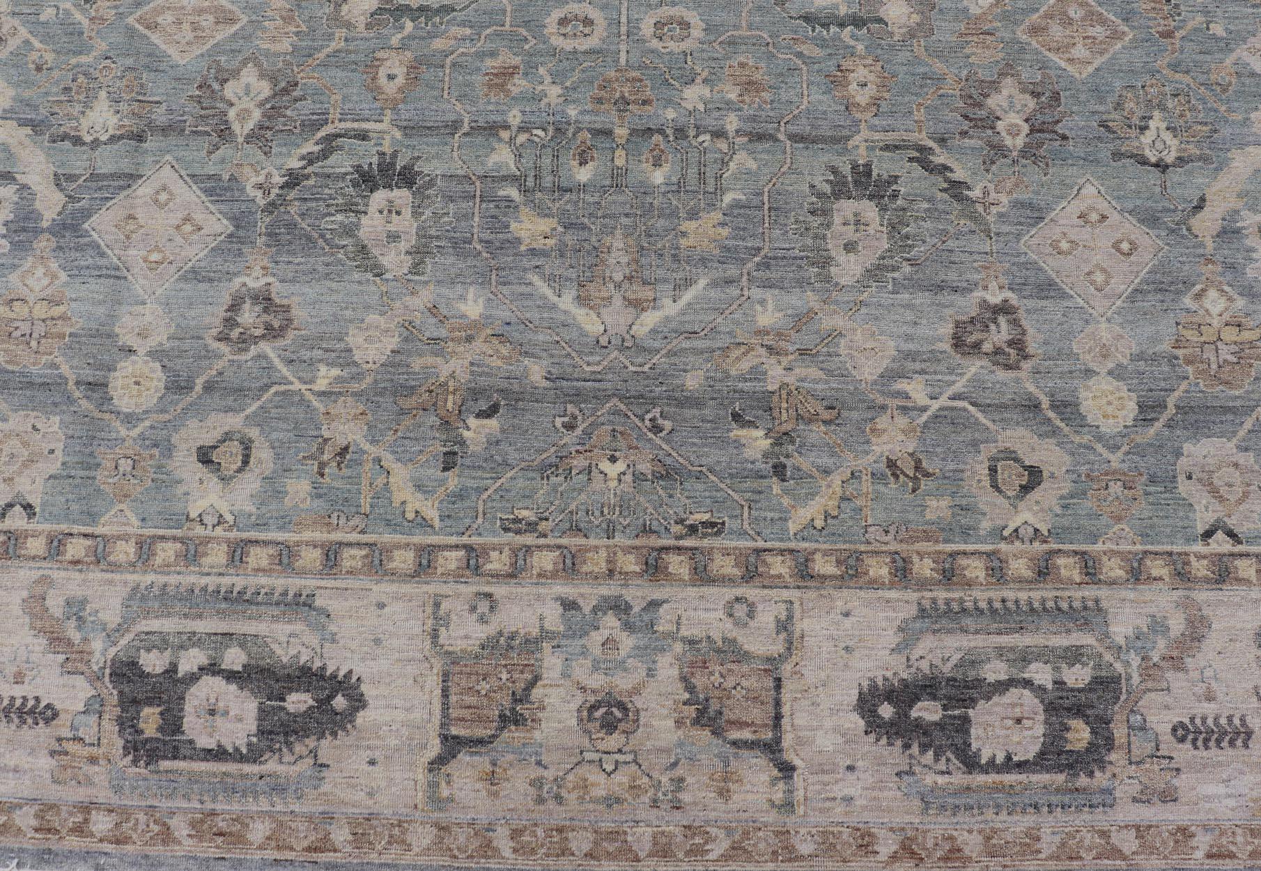 Modern Hand Knotted Oushak Muted Rug in Light Blue, Light Gray, and Cream In New Condition For Sale In Atlanta, GA