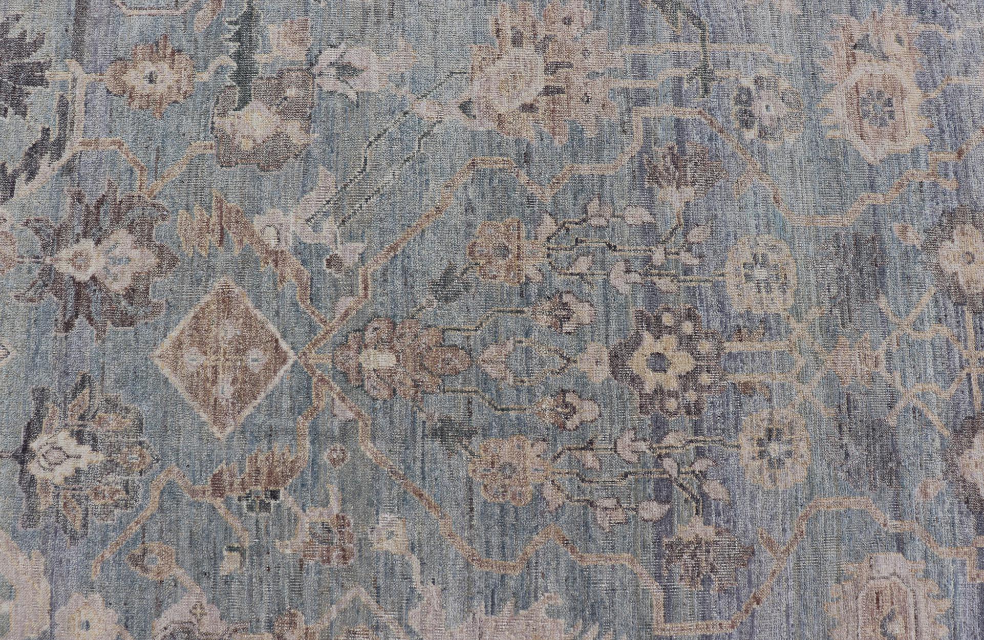 Contemporary Modern Hand Knotted Oushak Muted Rug in Light Blue, Light Gray, and Cream For Sale
