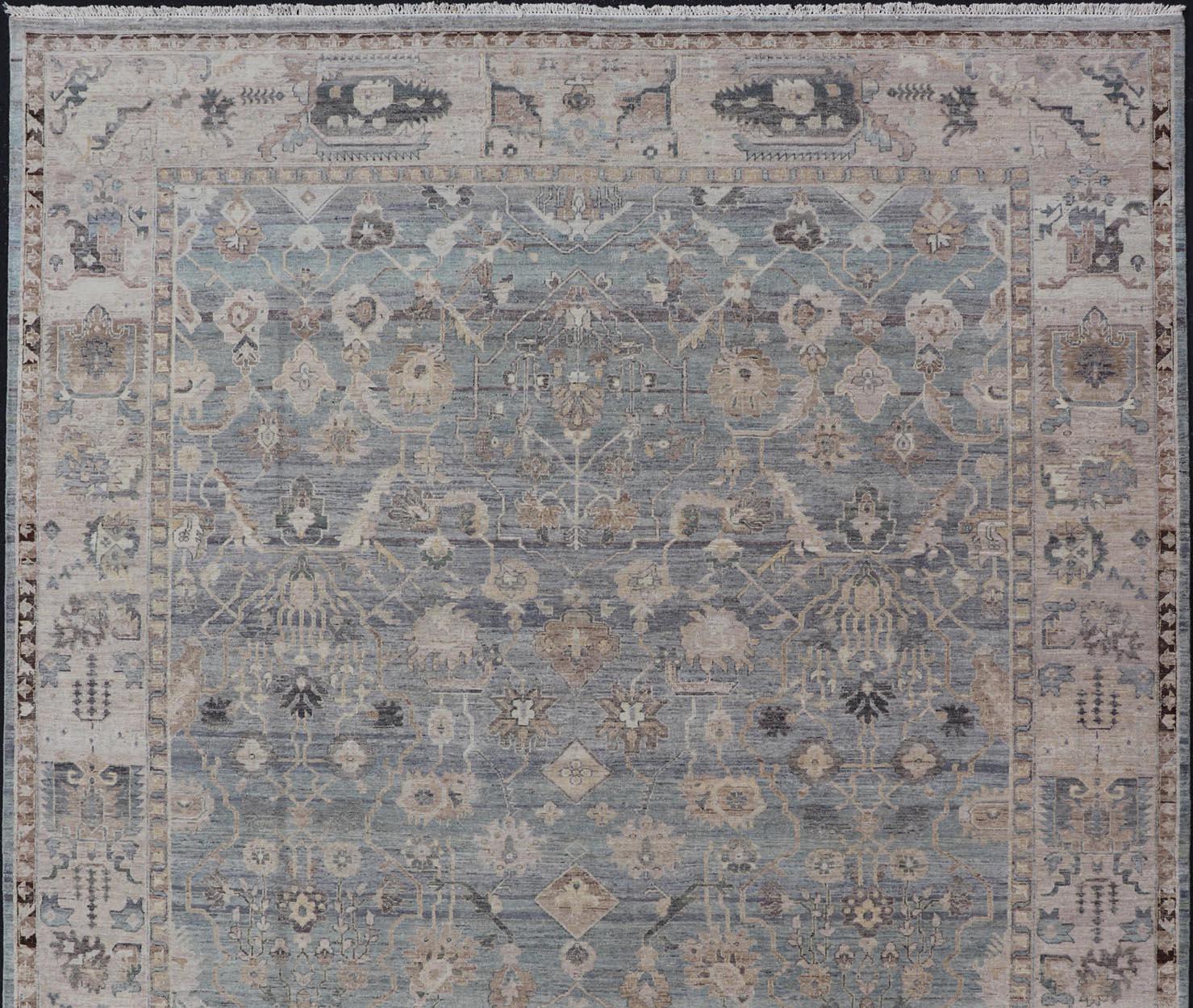 Wool Modern Hand Knotted Oushak Muted Rug in Light Blue, Light Gray, and Cream For Sale