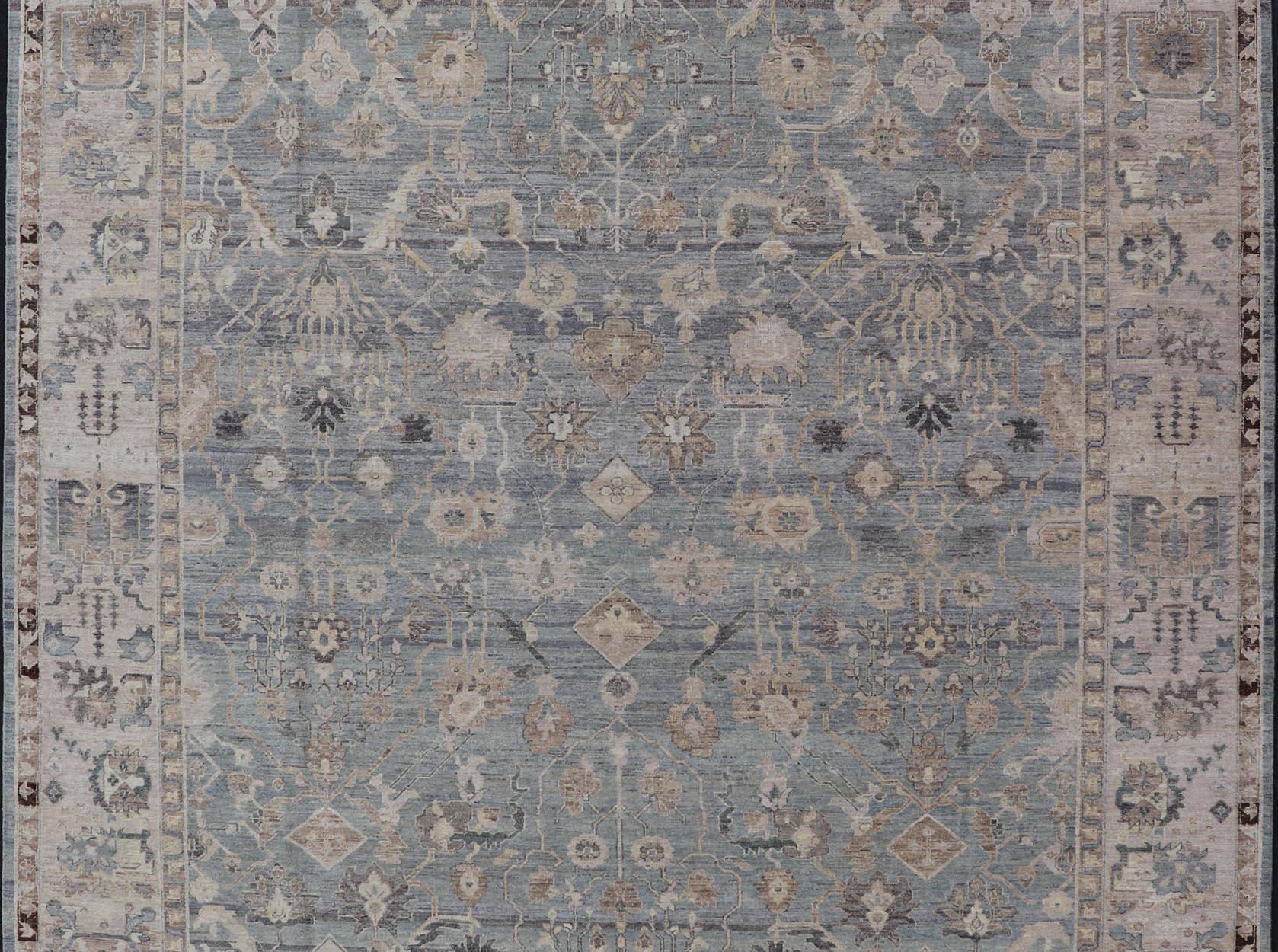 Modern Hand Knotted Oushak Muted Rug in Light Blue, Light Gray, and Cream For Sale 1