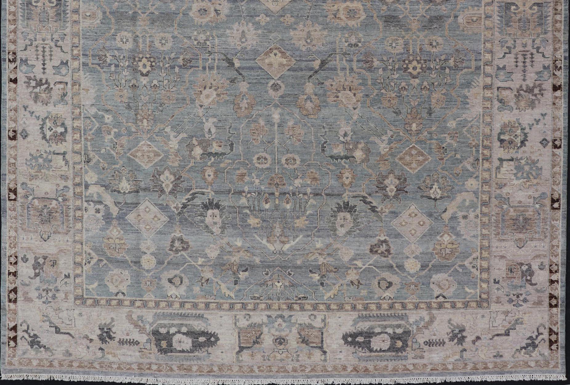 Modern Hand Knotted Oushak Muted Rug in Light Blue, Light Gray, and Cream For Sale 2