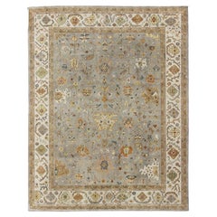 Modern Hand Knotted Oushak Muted Rug in Orange, Light Gray, and Cream