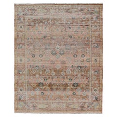Modern Hand Knotted Oushak Muted Rug in Peach and Coral with All-Over Design 