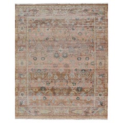 Modern Hand Knotted Oushak Muted Rug in Peach and Coral with All-Over Design