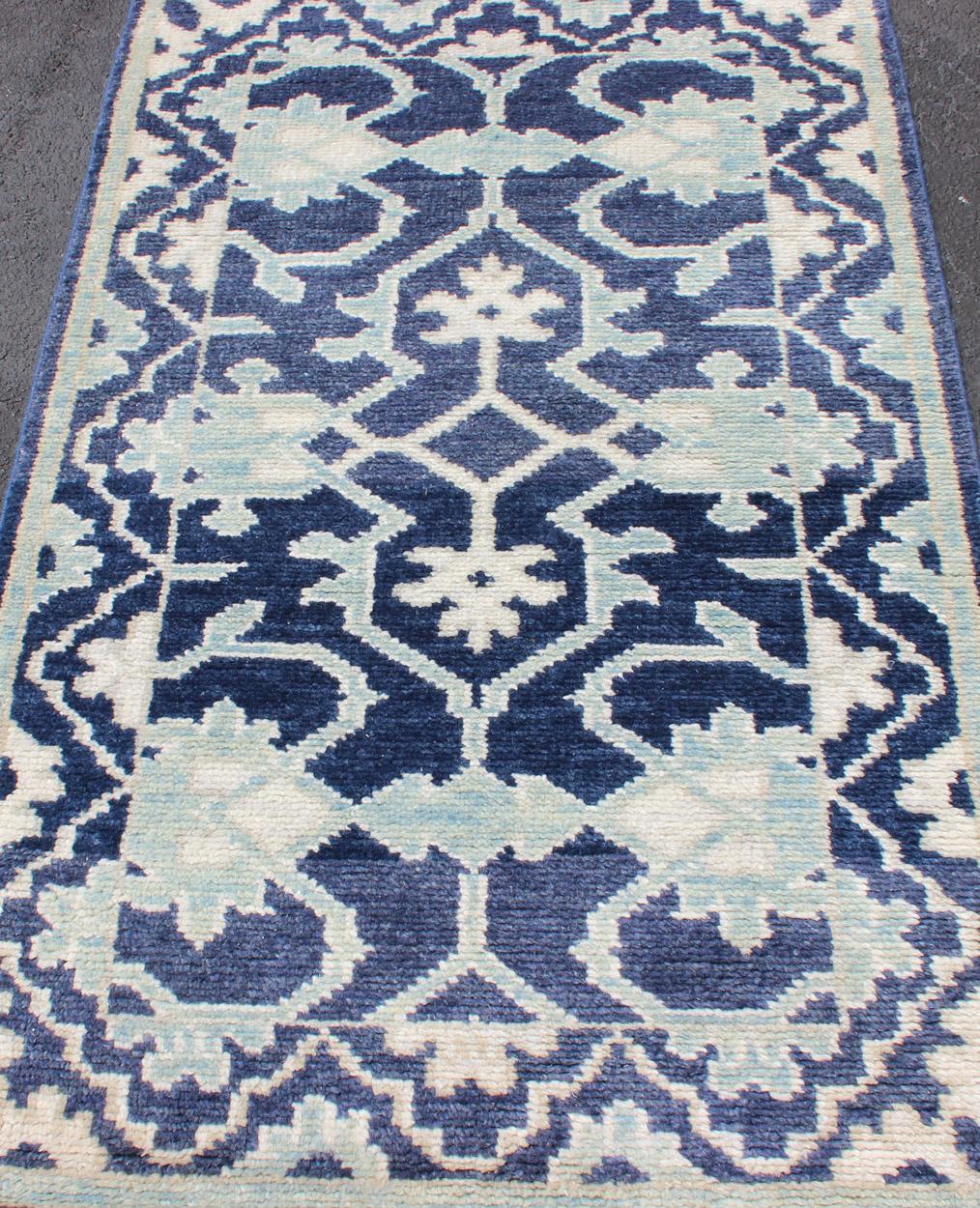 Indian Keivan Woven Arts Hand-Knotted Oushak Rug Geometric Design in Blue For Sale