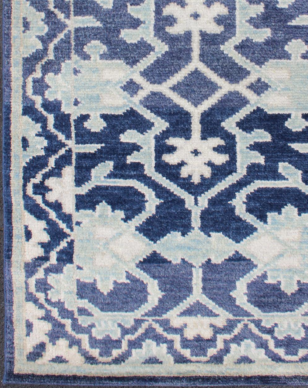 Wool Keivan Woven Arts Hand-Knotted Oushak Rug Geometric Design in Blue For Sale