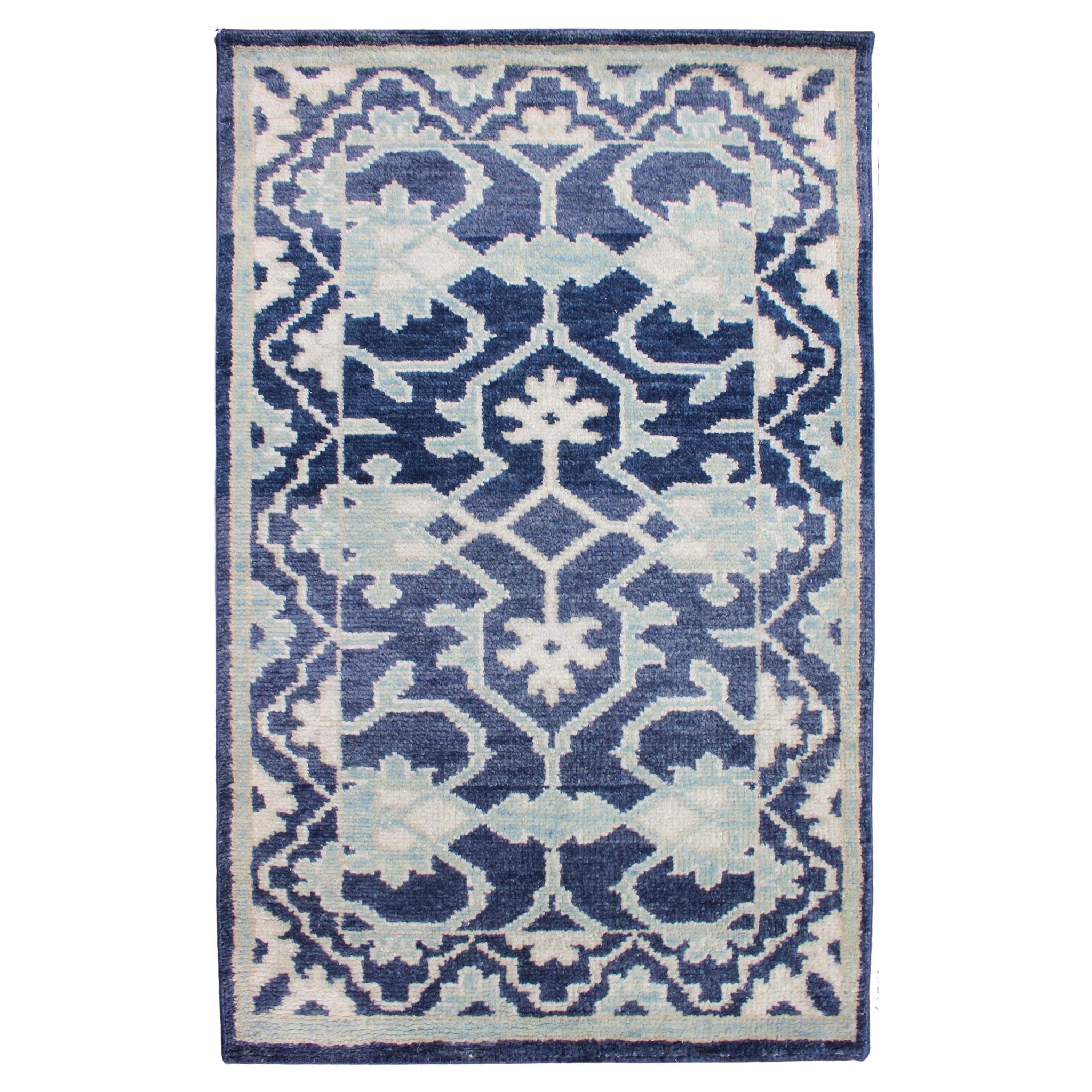 Keivan Woven Arts Hand-Knotted Oushak Rug Geometric Design in Blue For Sale
