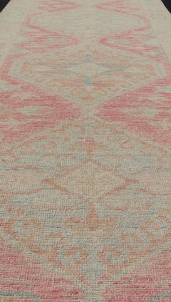 Modern Hand Knotted Oushak Runner With Medallions in Pink's and Creams