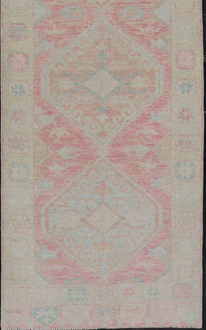 Modern Hand Knotted Oushak Runner With Medallions in Pink's and Creams For Sale 2