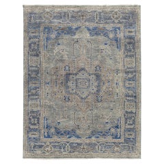 Modern Hand-Knotted Oushak Style Area Rug in Slate Grey & Cobalt Blue Wool 9x12