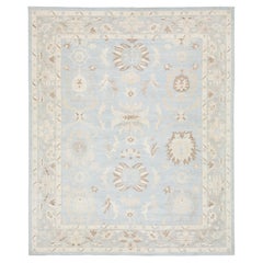 Modern Hand-Knotted Oushak Style Rug in Ice Blue and Cream Wool