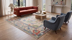 Modern Hand-Knotted Oushak Style Wool Area Rug in Pastel Palette and Soft Beige
