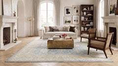 Modern Hand-Knotted Oushak Style Wool Area Rug in Soft Blue, Ivory & Terracota