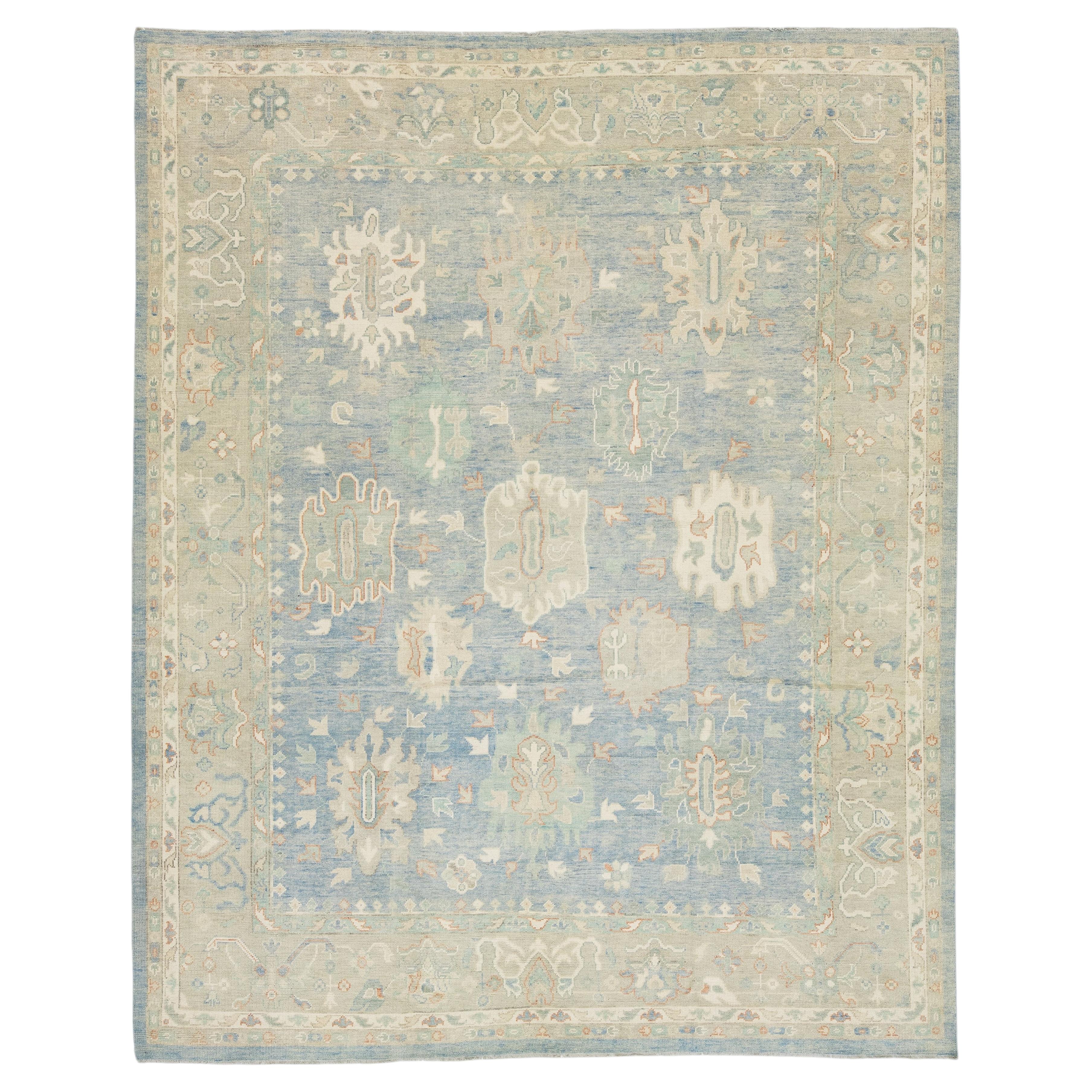 Modern Hand-Knotted Oushak Style Wool Area Rug in Soft Blue, Ivory & Terracota