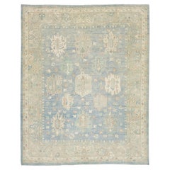 Modern Hand-Knotted Oushak Style Wool Area Rug in Soft Blue, Ivory & Terracota