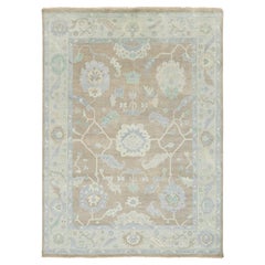 Modern Hand-Knotted Oushak Style Wool Rug in Muted Taupe, Soft Blue, and Seafoam