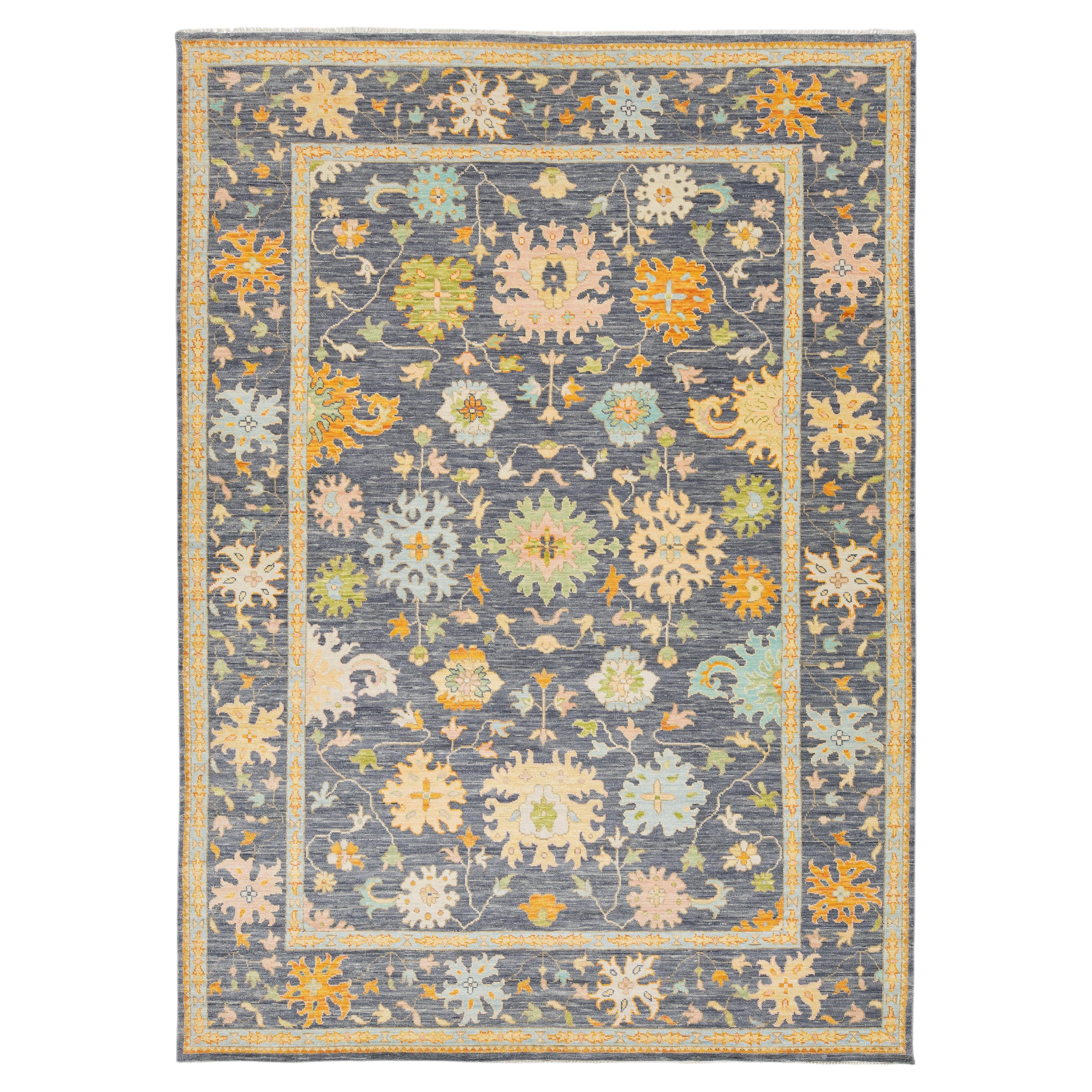 Modern Hand-Knotted Oushak Style Wool Rug in Slate Blue, Ochre & Pastel Accents