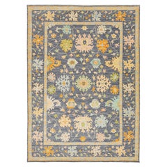 Modern Hand-Knotted Oushak Style Wool Rug in Slate Blue, Ochre & Pastel Accents