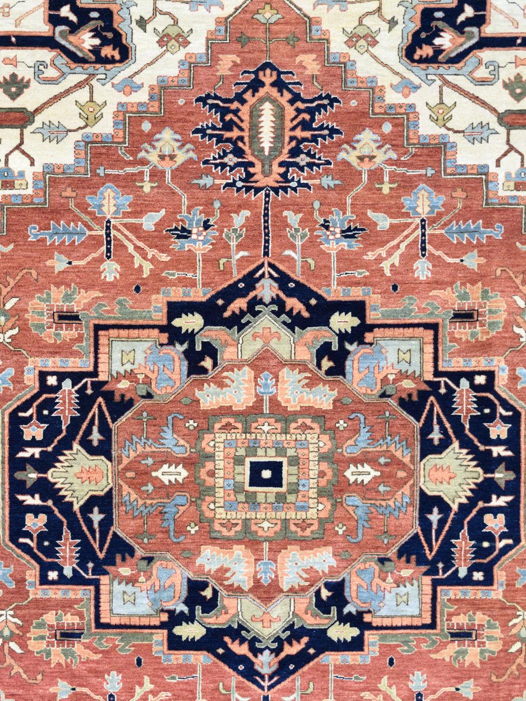 New and ready for generations of daily use, this Persian Serapi measures 5'11” x 8'9” and is hand-knotted in pure wool. Inspired by the classic Serapi carpets woven in Iran, this piece features a hand-knotted pile and an organically dyed color