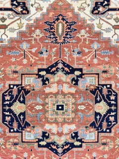 Modern Hand-Knotted Persian Serapi Wool Carpet, Pink, Green, Blue, 6' x 9'