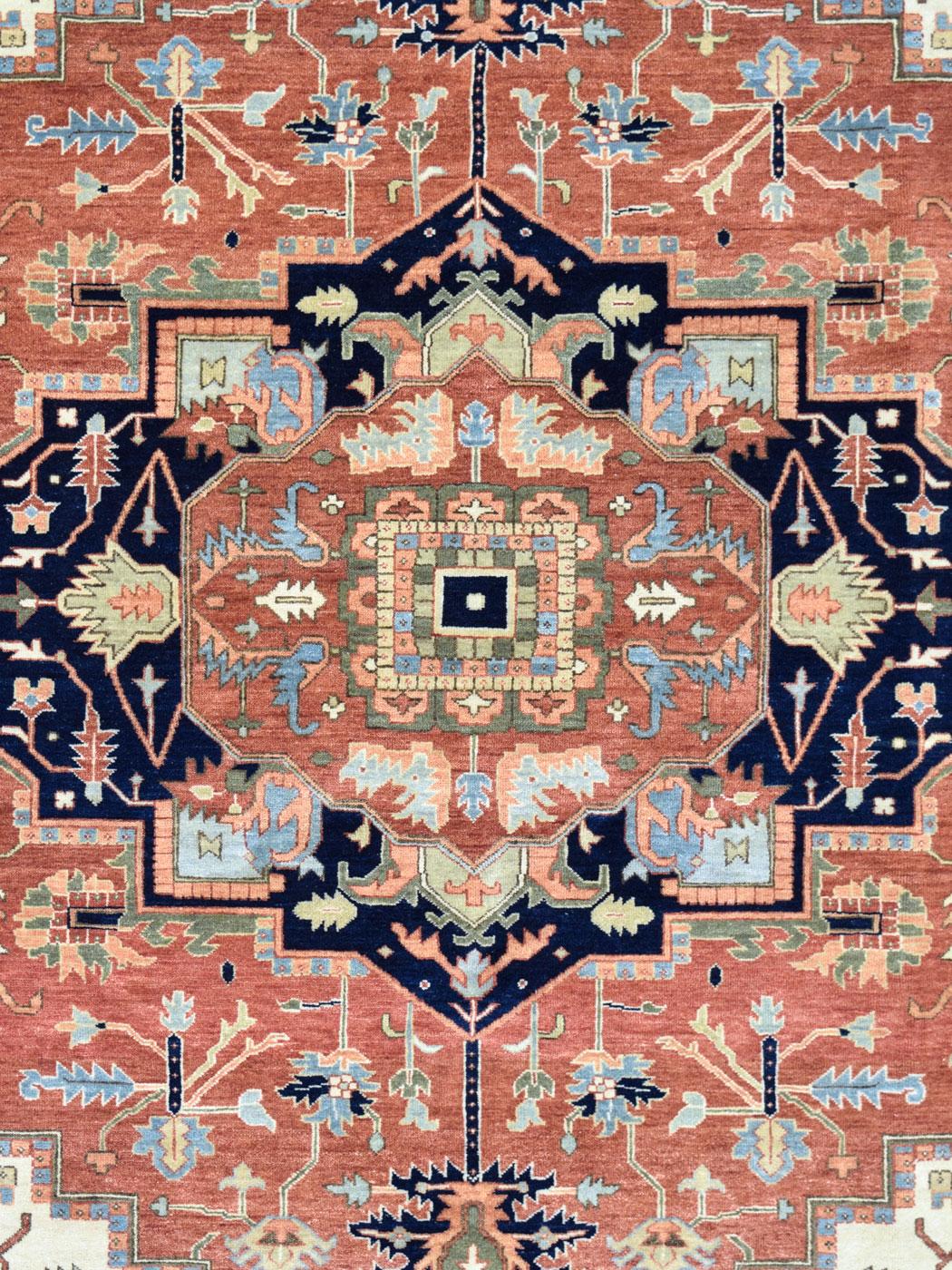 Heriz Serapi Modern Hand-Knotted Persian Serapi Wool Carpet, Pink, Green, Blue, 6' x 9' For Sale